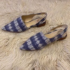 Vince Camuto sling back flats point toe in blue tie dye ikat pattern - Size 5.5